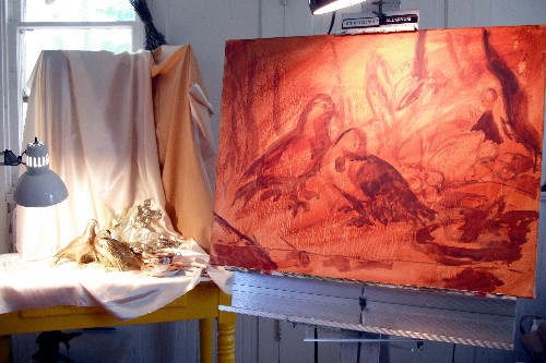 Dos Palomas step 1.  Rough sketch on toned canvas.  I've already done some pencil sketches.