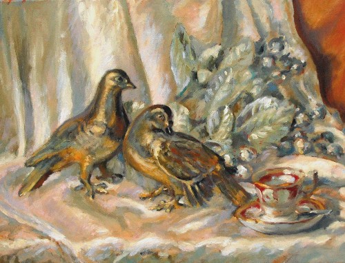 Dos Palomas final.  18x24 oil on canvas.  Added some cooler tones to counteract the overly warm tones.  