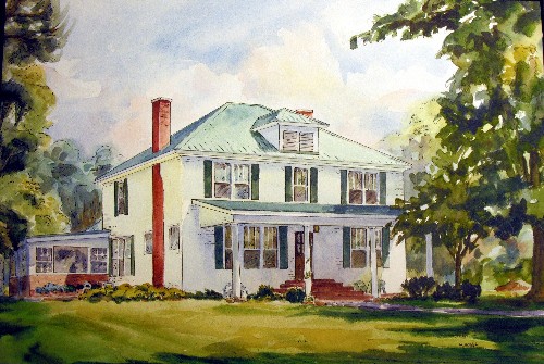 Watercolor house portrait with pen and ink overlay
