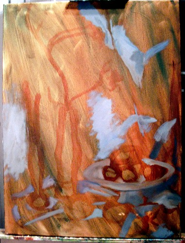 Still life, blue bottles and lemons.  Step 1