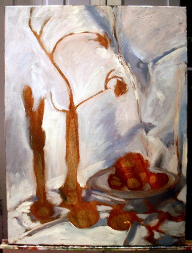 Still life, blue bottles and lemons, step 2