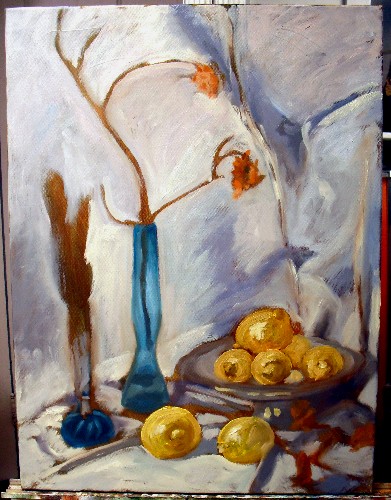 Still life, blue bottles and lemons, step 3
