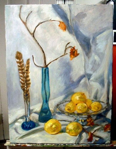 Still life, blue bottles and lemons, step 4