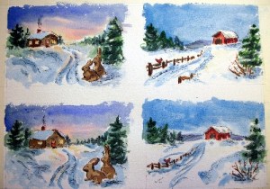Small Christmas paintings, w/c - pen and ink, painted in multiples