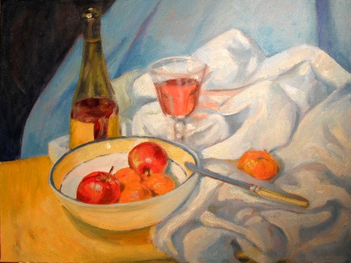 Blue-rimmed bowl, still life after Cezanne - final, 18x24, oil on canvas