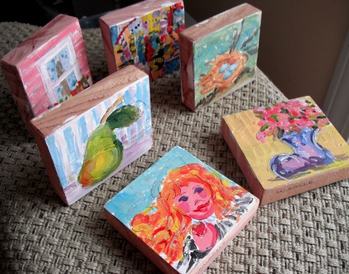 Portable artwork - mini-paintings on cedar blocks