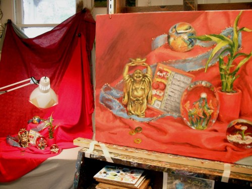 The painting compared with the still life.  Notice the gel I have taped over the light.