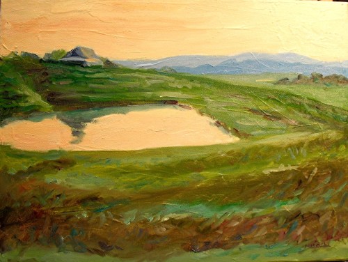 Farm at sunrise on a hazy day, 12 x 16, oil