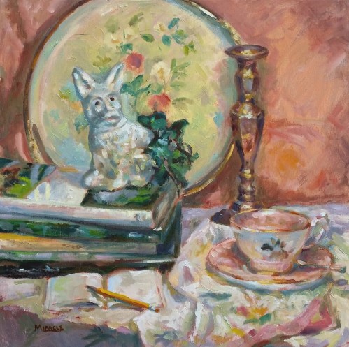 Gardening with Scottie, 20 x 20, oil on canvas, Kit Miracle