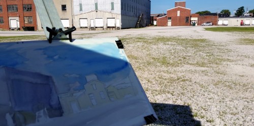 Plein air painting, Hoosier Desk Building. Beginning