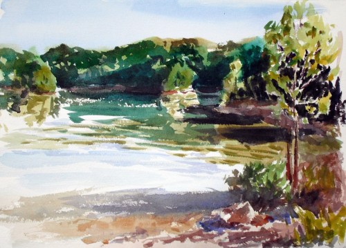 First plein air painting at Patoka Lake. 11x14, watercolor, Kit Miracle