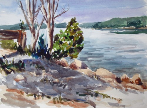 Second plein air painting at Patoka Lake, 11 x 14, watercolor, Kit Miracle