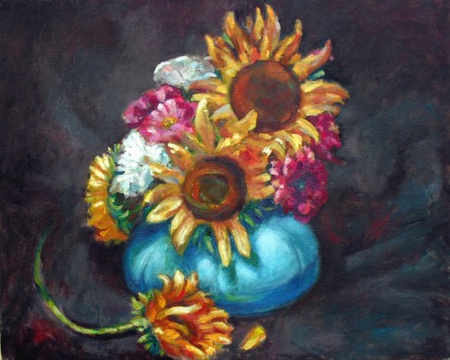 Sunflowers in blue bowl, 16 x 20, oil on canvas, Kit Miracle